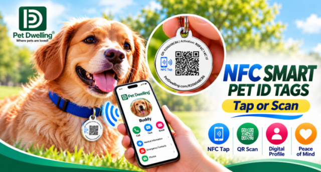 Golden retriever wearing a Pet Dwelling NFC Smart Pet ID Tag, showing NFC tap, QR scan, and digital pet profile features.